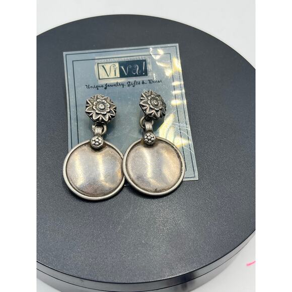 Vintage Sterling Silver Aztec Floral Heavy Double Drop Dangle Earrings 16 grams - Picture 5 of 10